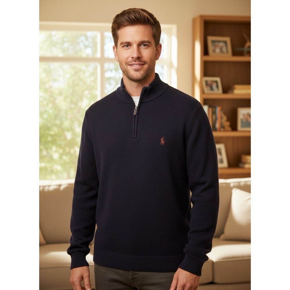 Designer Vintage Polo Ralph Lauren Men's Navy 1/4 Zip Long Sleeve‎ 0016